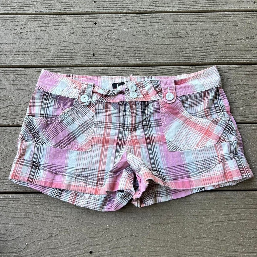Vintage Y2K L.E.I. Pink & Brown Plaid Mini Shorts Low Rise Size 11 Preppy